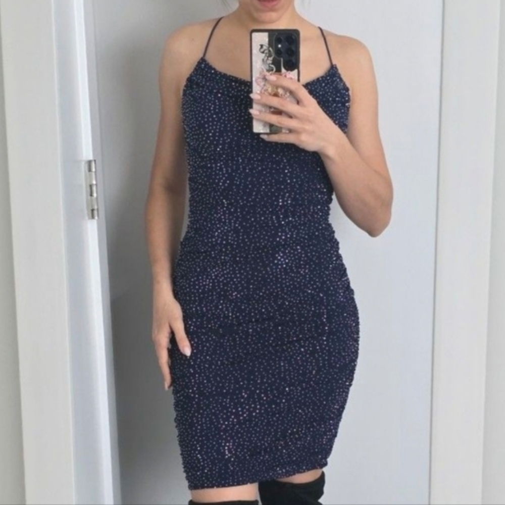 Rhinestone Ruched Mesh Midi Dress